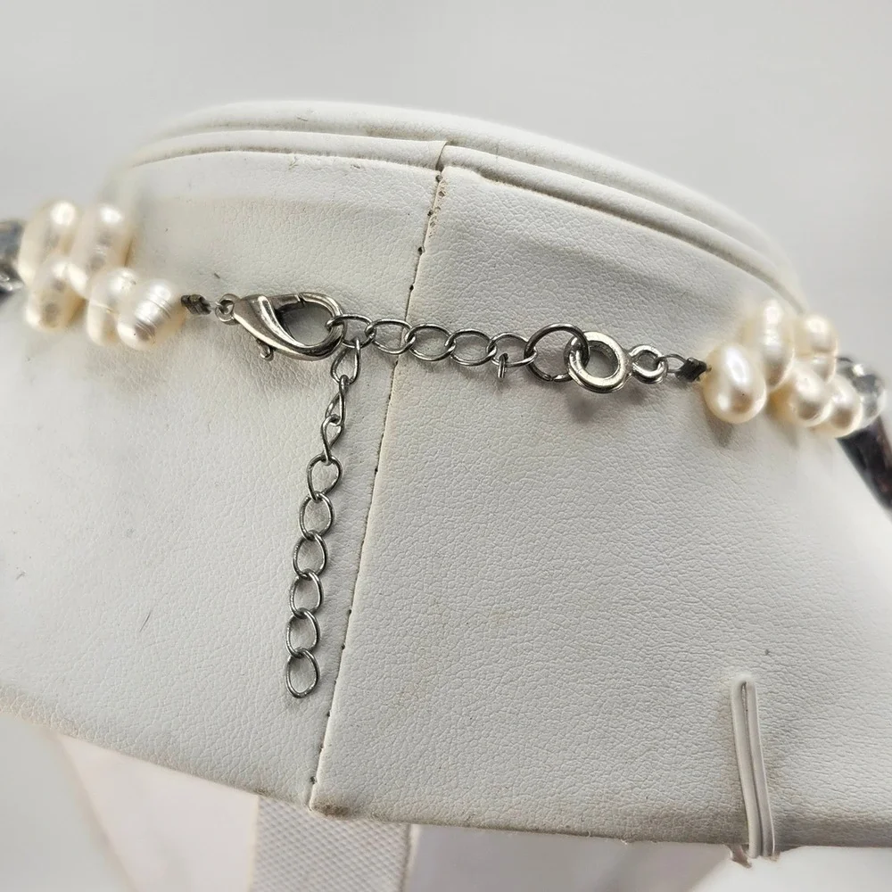 Freshwater Pearl Necklace Gray Flower Crystal‎ Stone Beaded Jewelry
